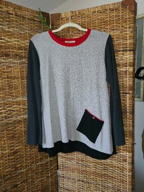 Margaret Winters Color Block Textured Top SZ M Lagenlook USA Made Black Gray Red